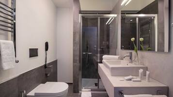 A modern bathroom with a glass shower enclosure, a toilet, a sink, and a mirror.