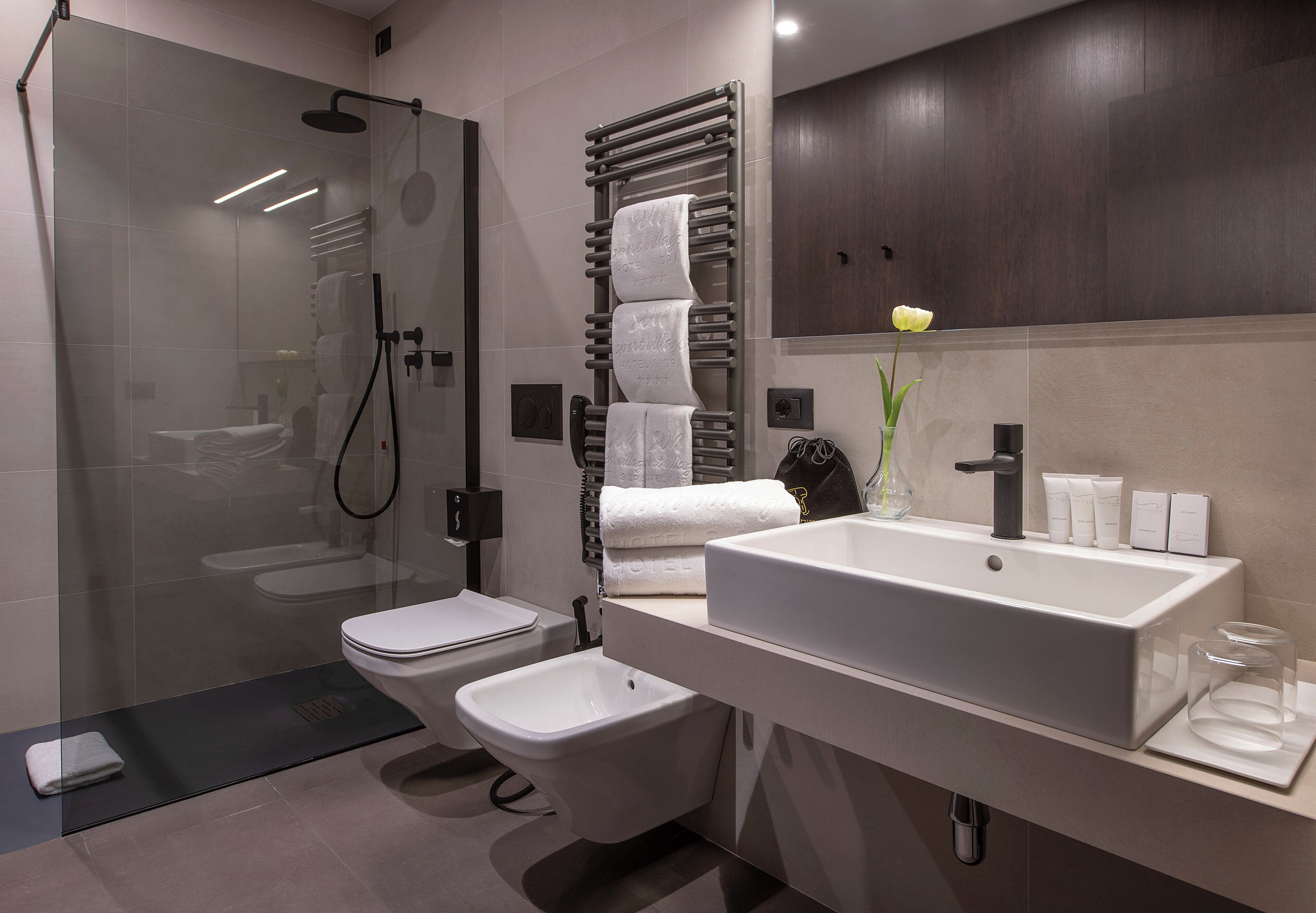 A modern bathroom with a glass-enclosed shower, a bidet, a large sink, and a mirror with a towel rack.