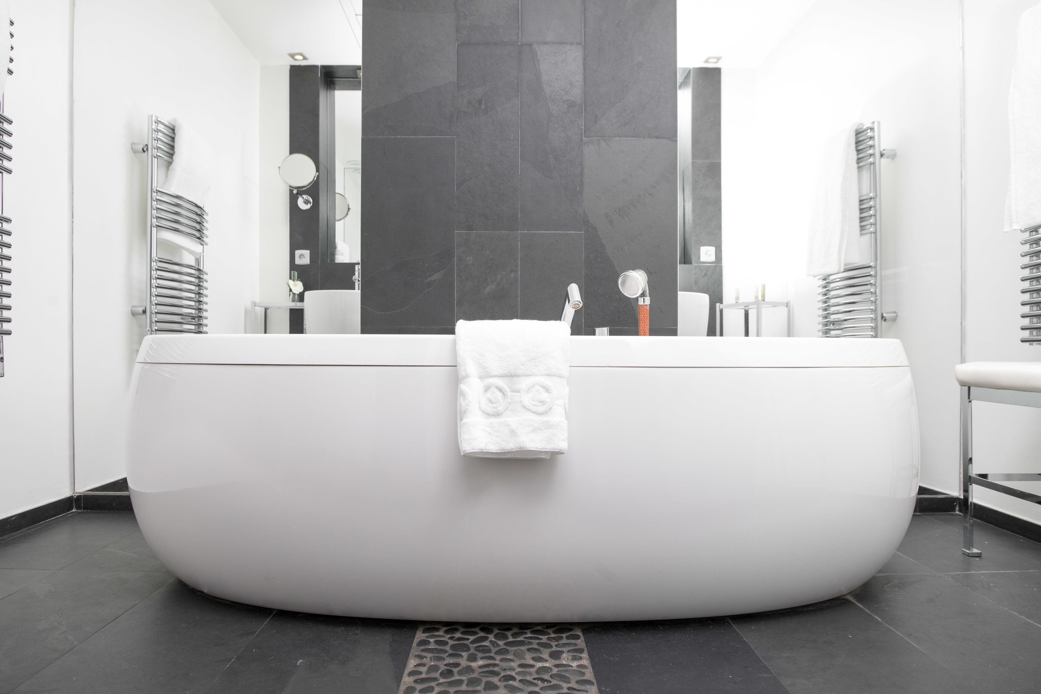 Une salle de bain moderne avec une baignoire sur pieds, un grand miroir et des accessoires en chrome.