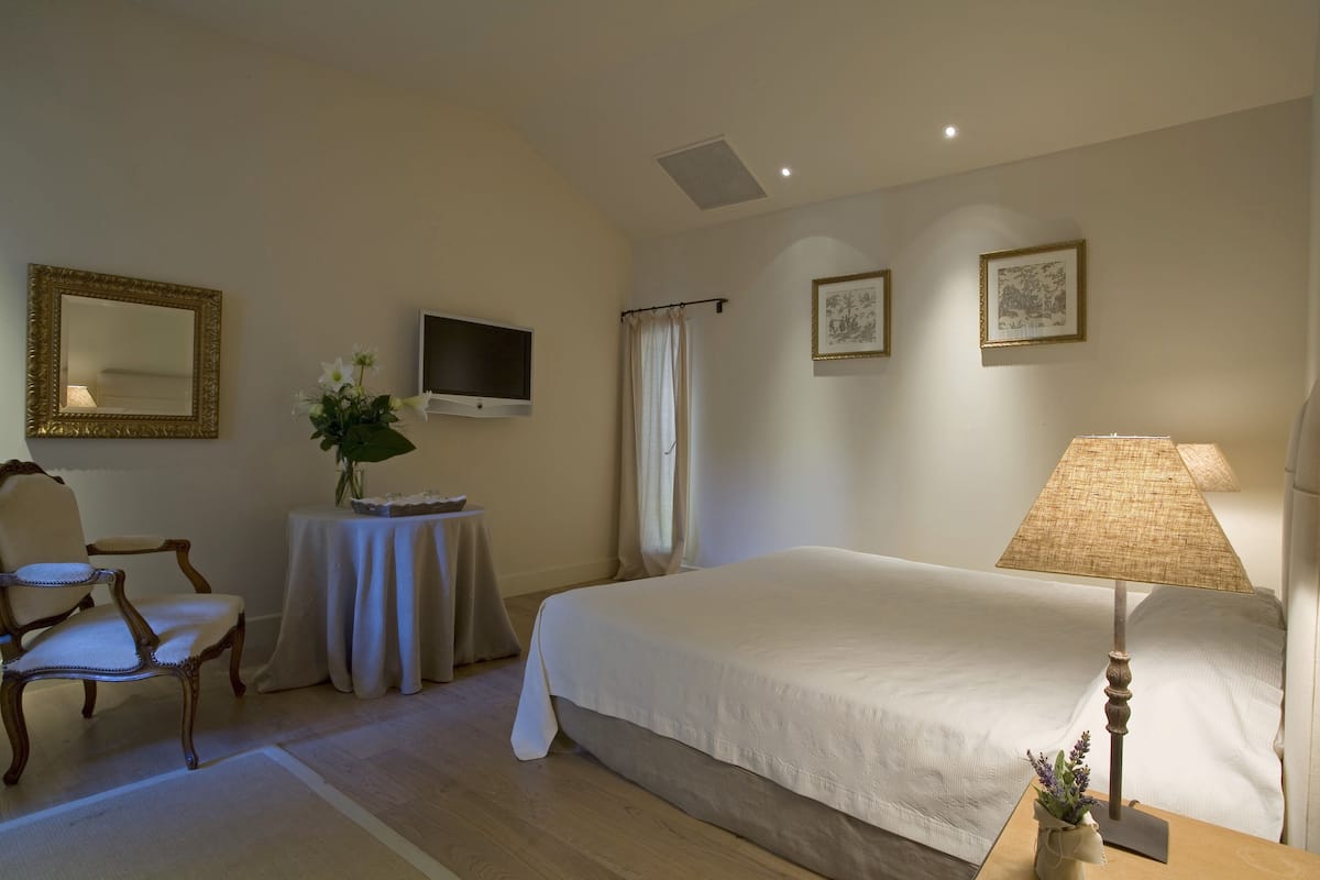 Une chambre à coucher avec un lit, une chaise, une table avec une plante, un téléviseur et des tableaux encadrés accrochés au mur.