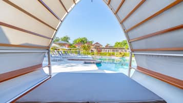 Outdoor pool, pool umbrellas, pool loungers