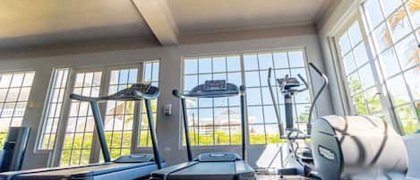 A home gym with treadmills and a stationary bike, large windows with a view of greenery, and a ceiling fan.