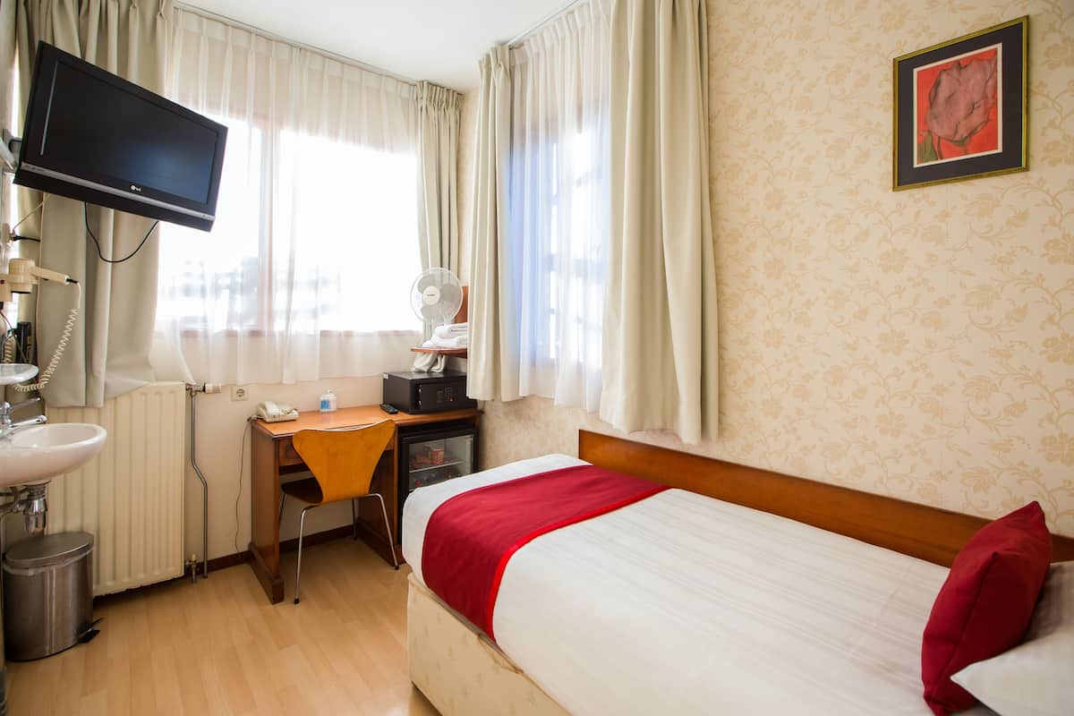 Habitación de hotel con cama, escritorio, silla, televisor, lavabo y radiador.
