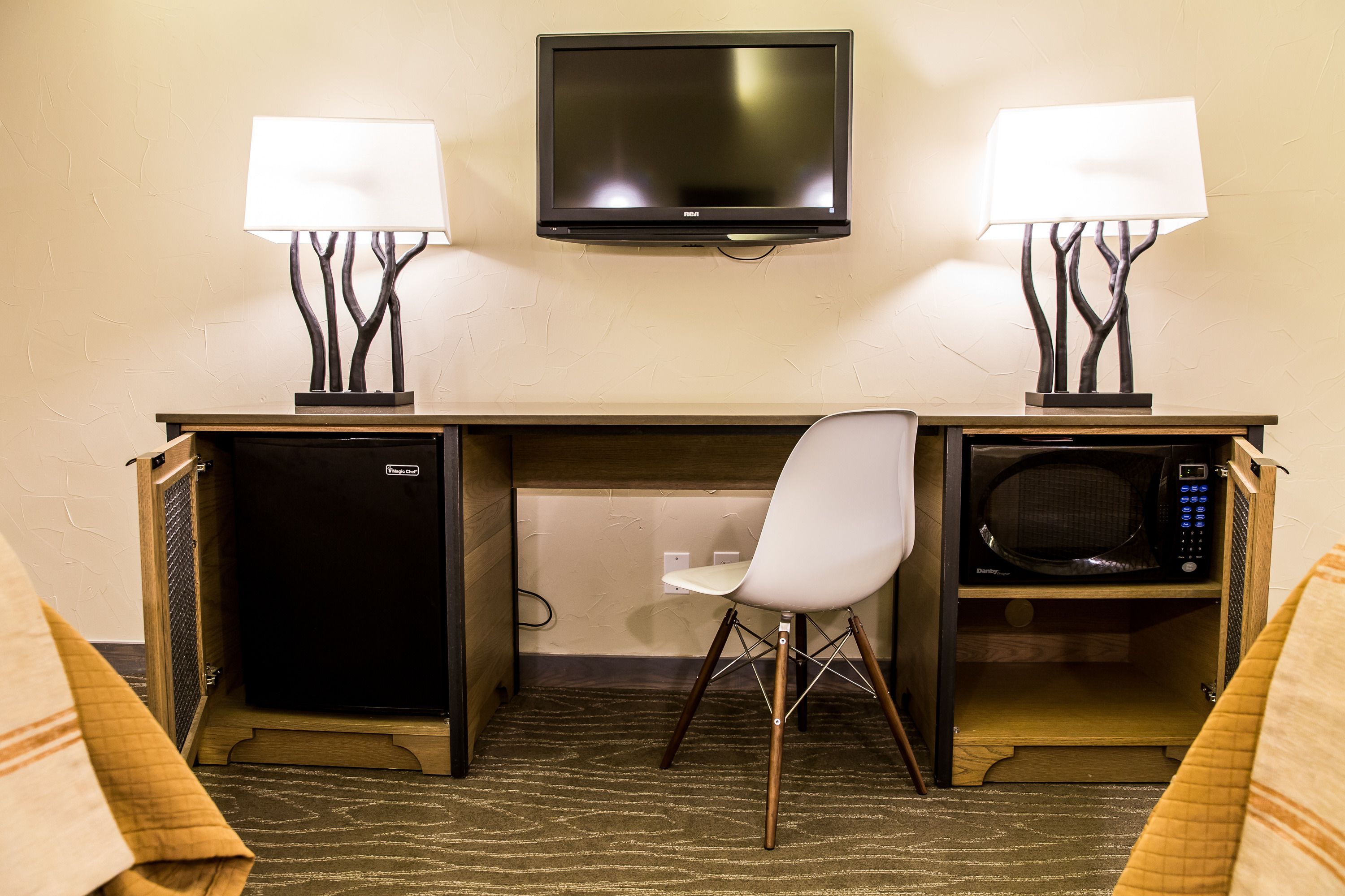 premium bedding, down duvets, desk, laptop workspace