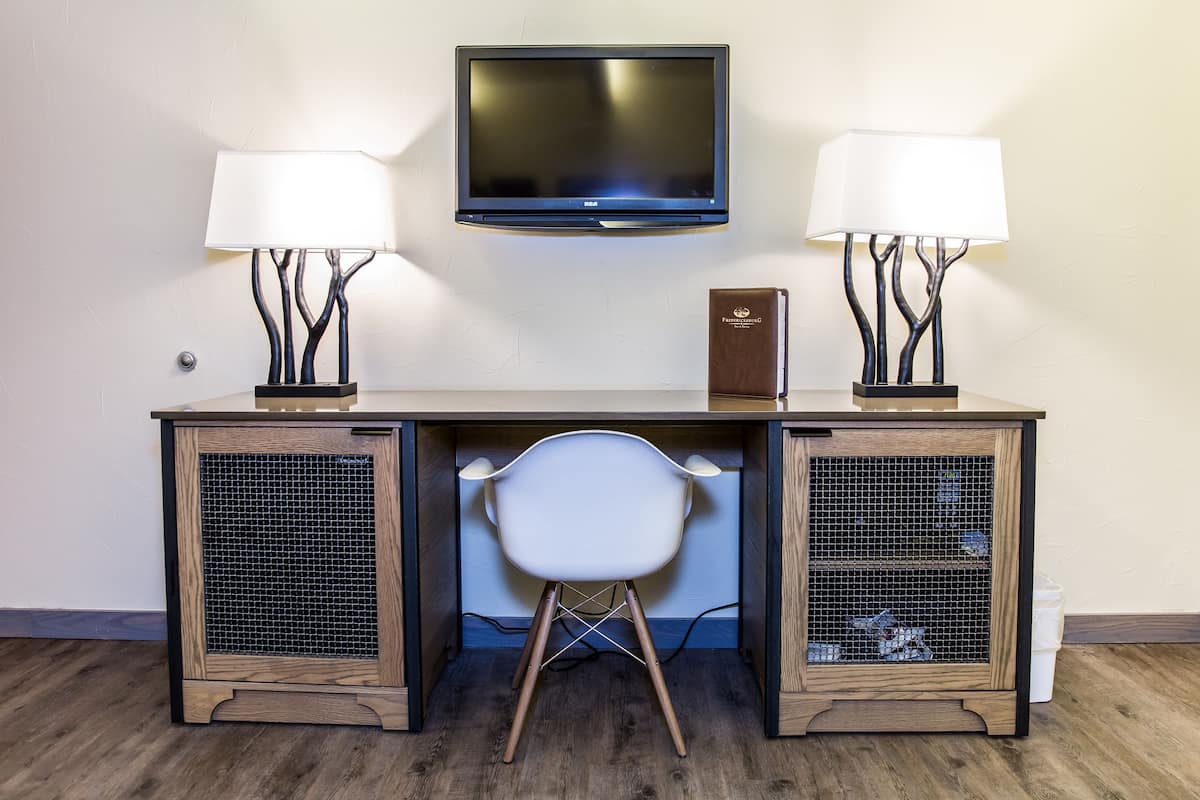 A desk with a TV, two lamps, a chair, and two pet cages.