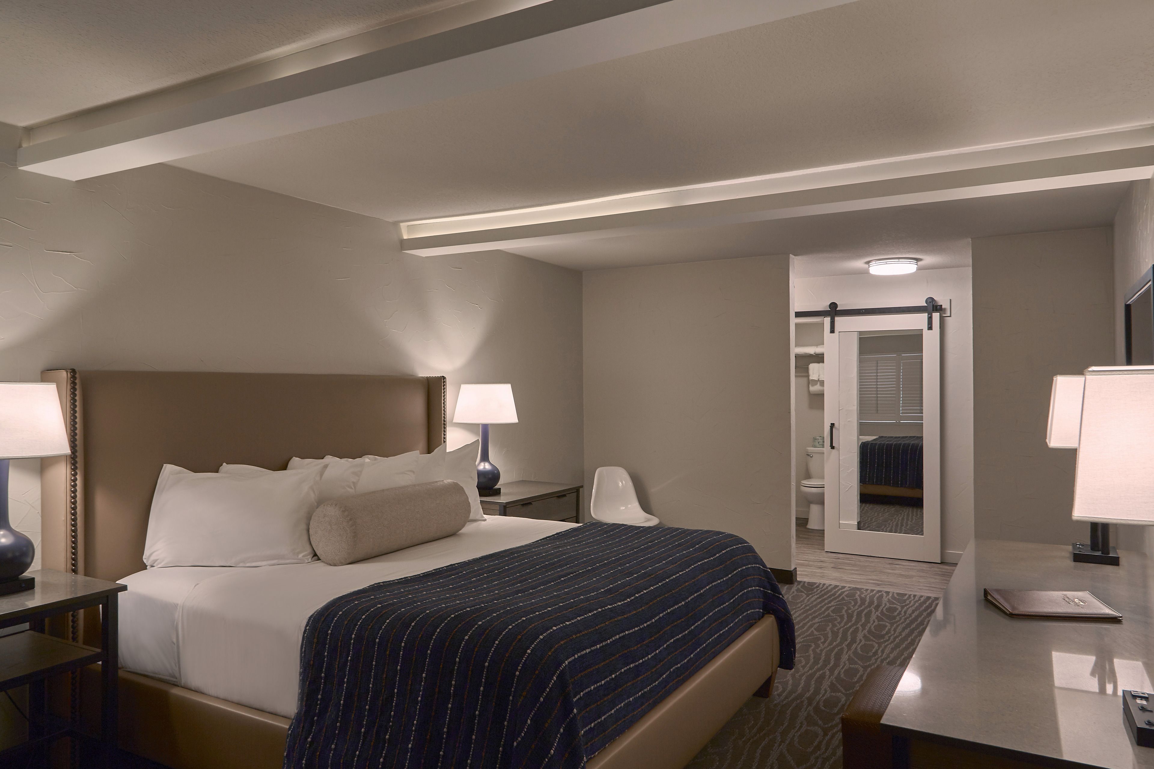 premium bedding, down duvets, desk, laptop workspace