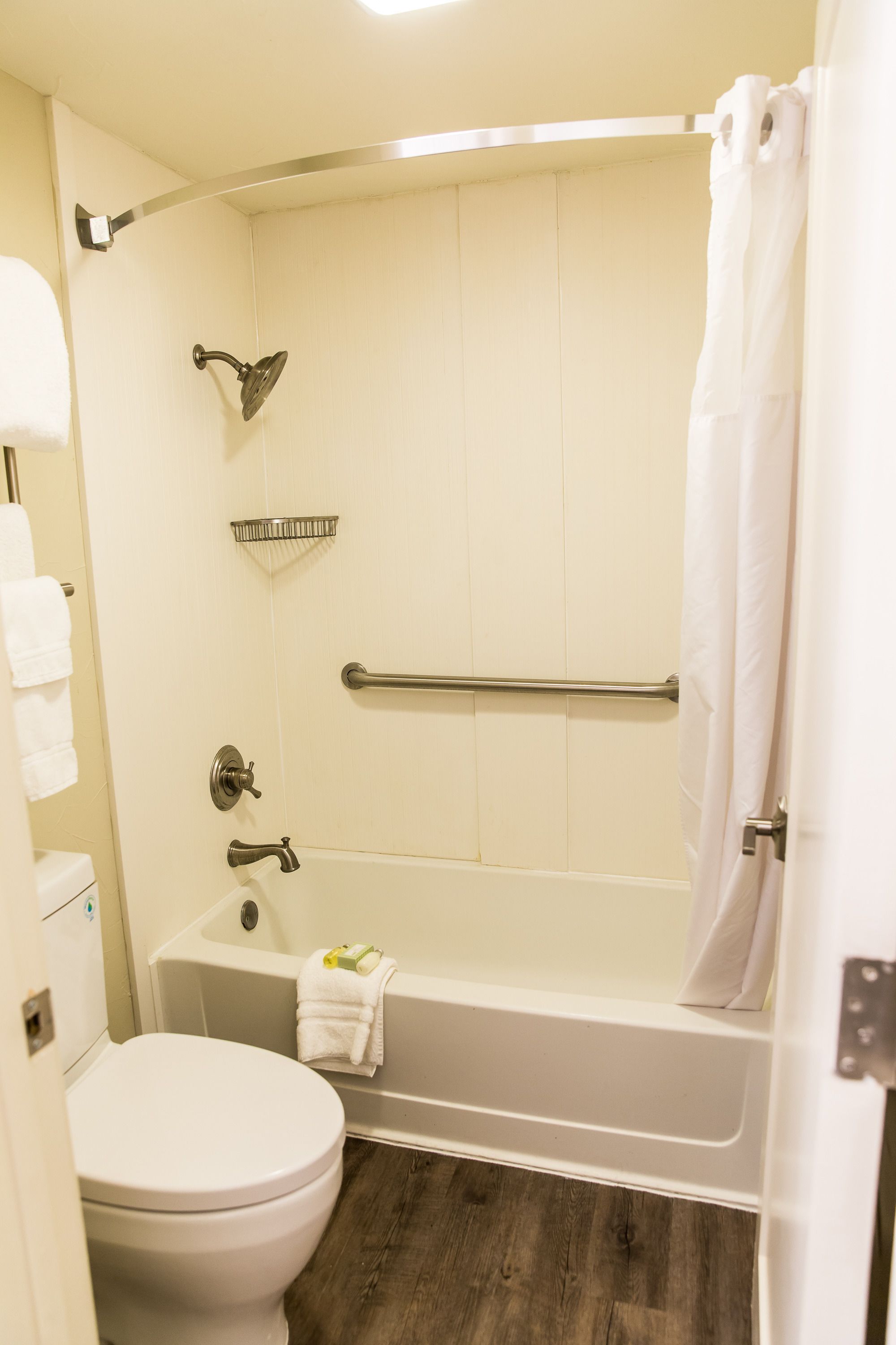 A bathroom with a toilet, a shower with a grab bar, and a bathtub.