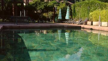 Outdoor pool, pool umbrellas, pool loungers