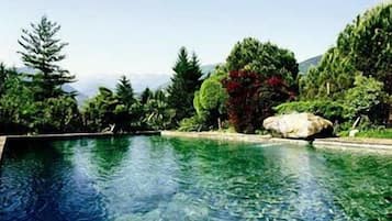 Piscine extérieure, parasols de plage, chaises longues