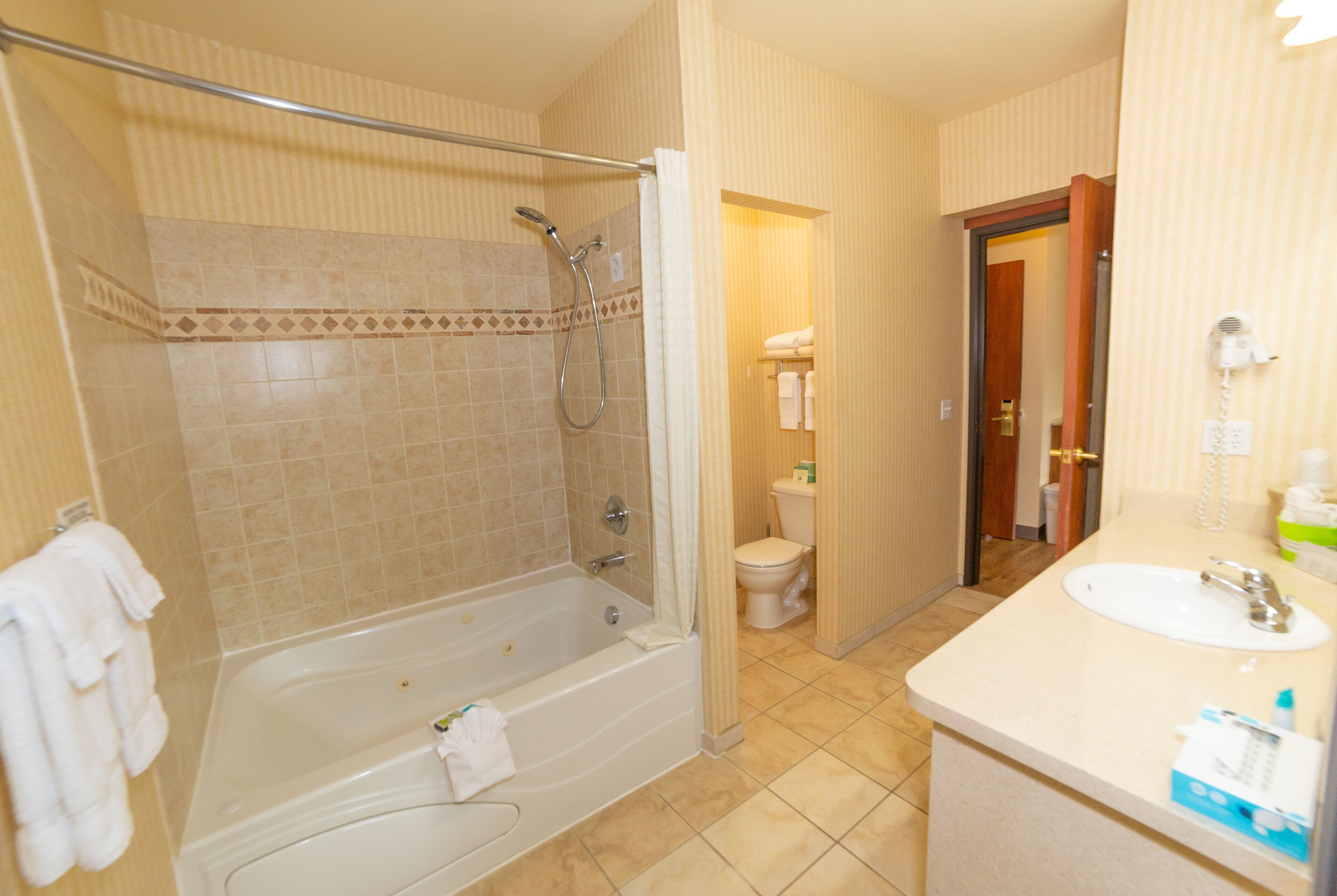 deluxe suite | bathroom | combined shower/bathtub, hair dryer, towels