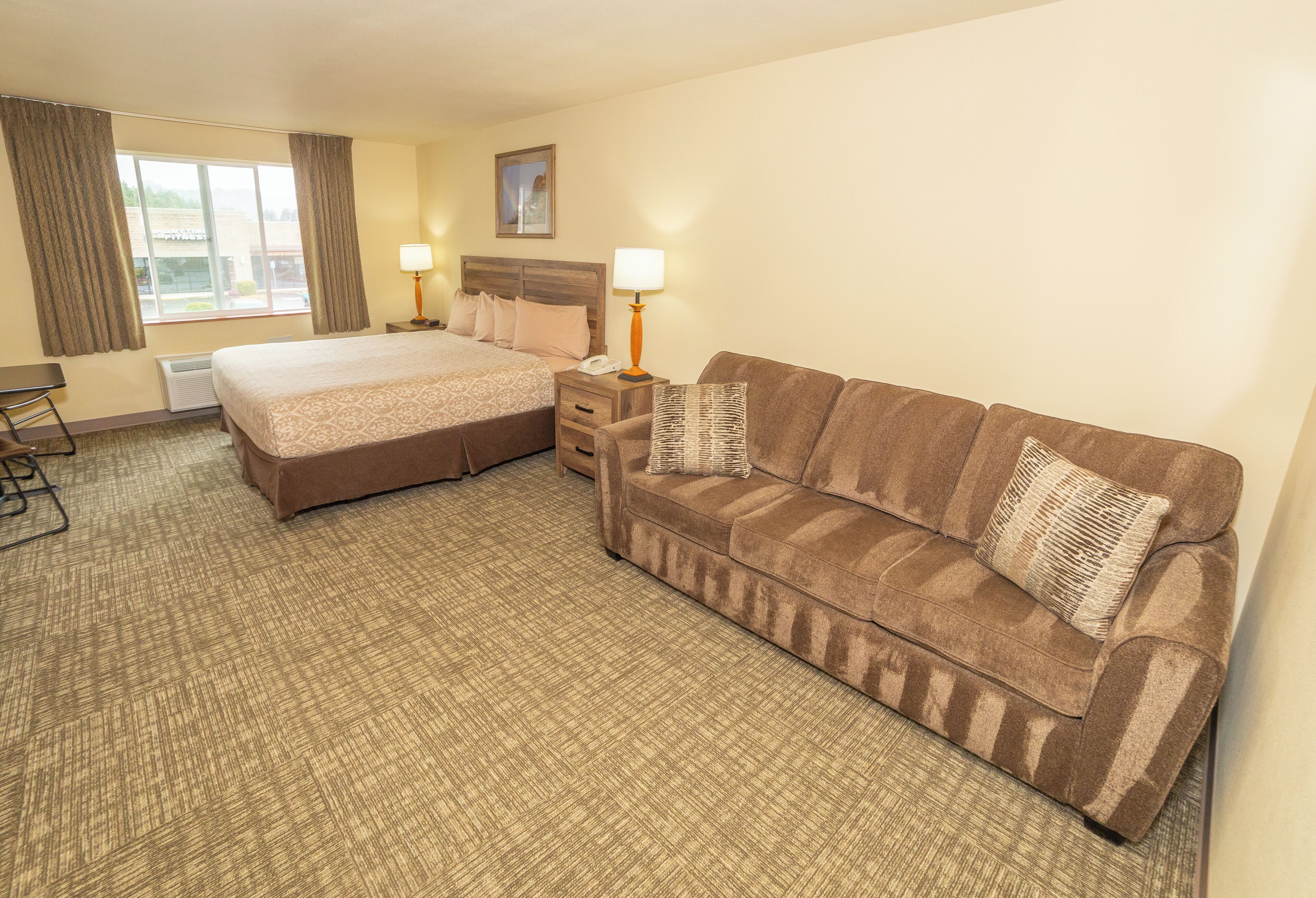 desk, laptop workspace, blackout curtains, iron/ironing board