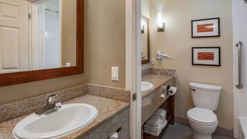A bathroom with a granite countertop sink, a white toilet, and a shower area.