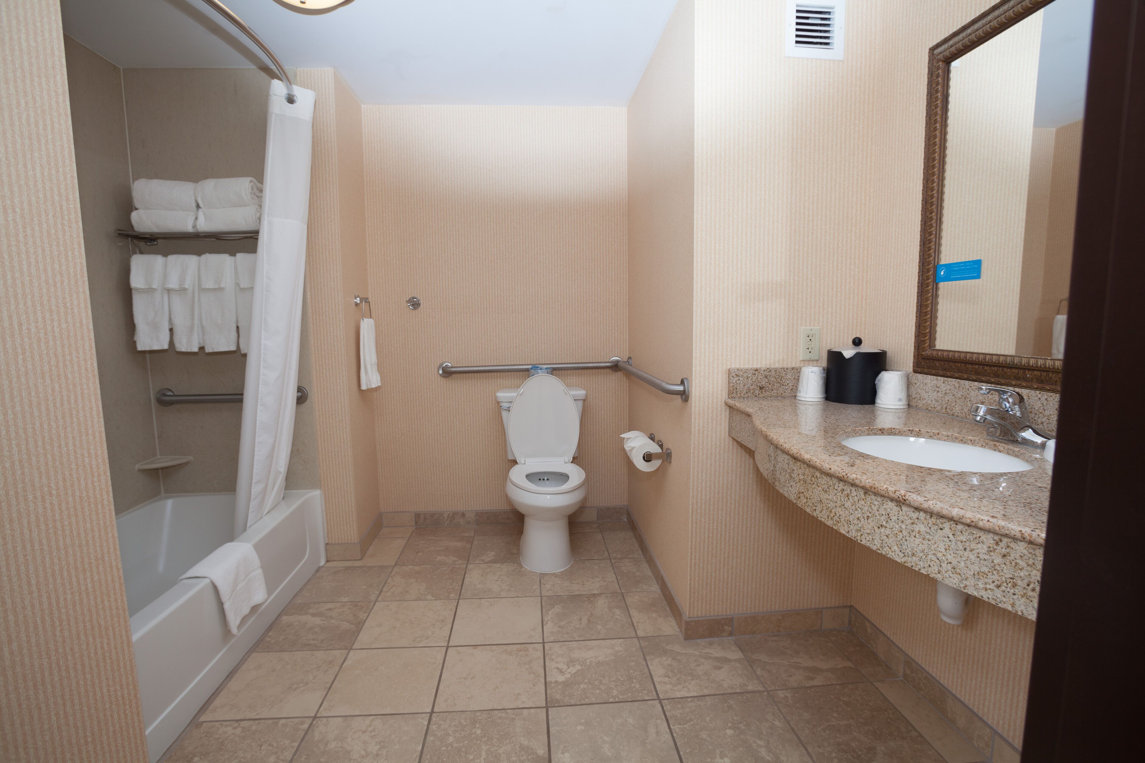 two queen beds non smoking | bathroom | hair dryer, towels