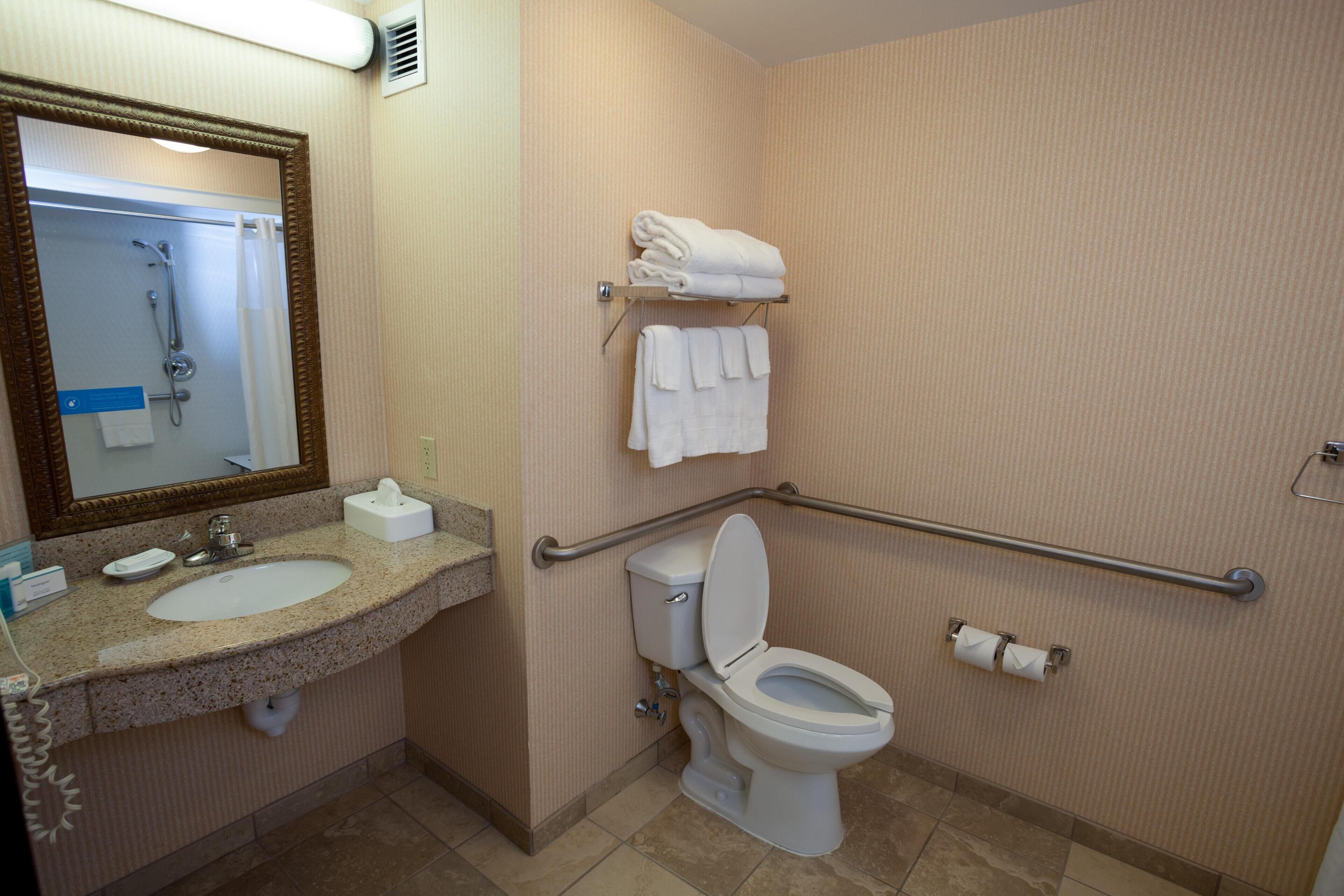 A bathroom with a sink, toilet, and handrails.