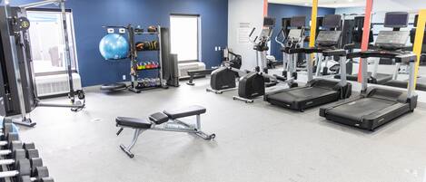 A gym with treadmills, weight machines, and free weights.