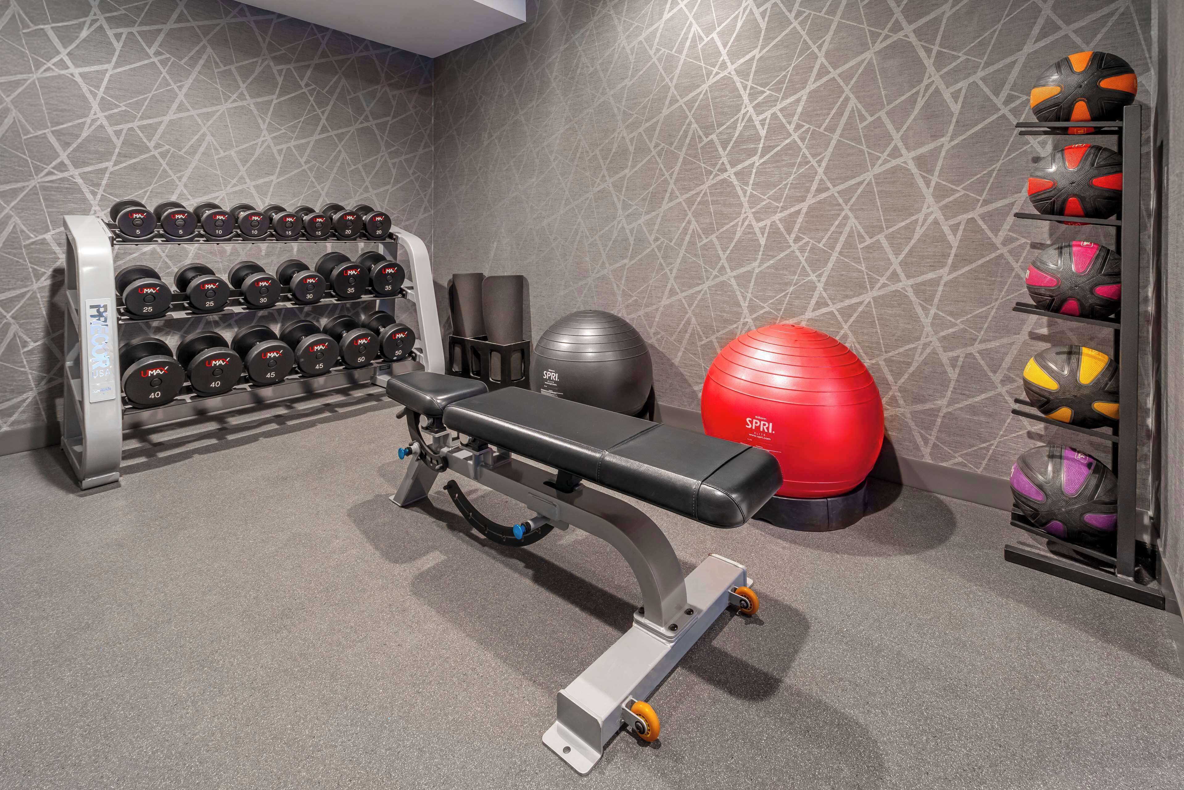 Ett gym med en träningsbänk, hantlar, en medicinboll och ett ställ med bollar.
