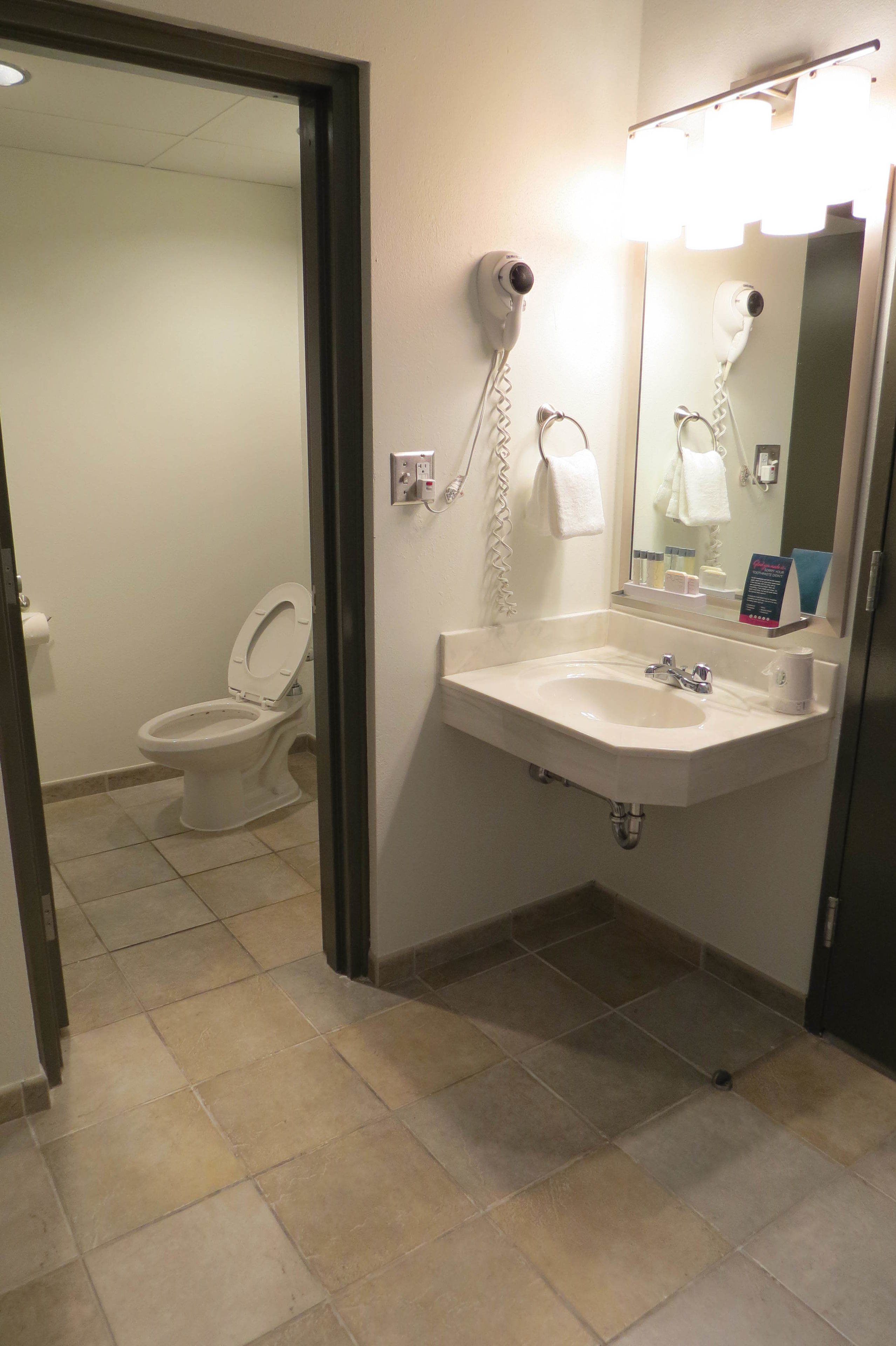 A bathroom with a toilet, sink, and hairdryer.