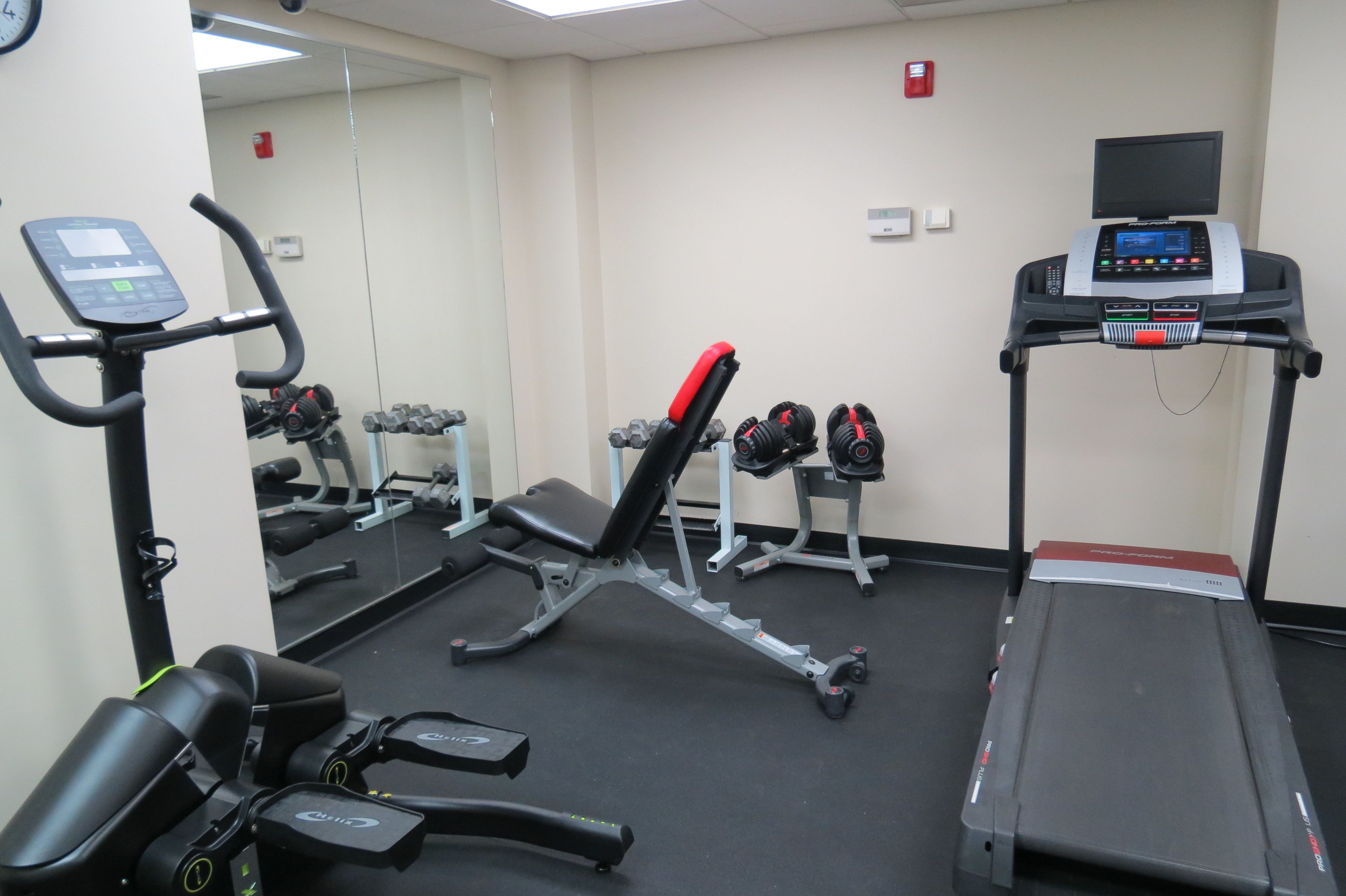 A gym with exercise equipment including a treadmill, elliptical, and dumbbells.