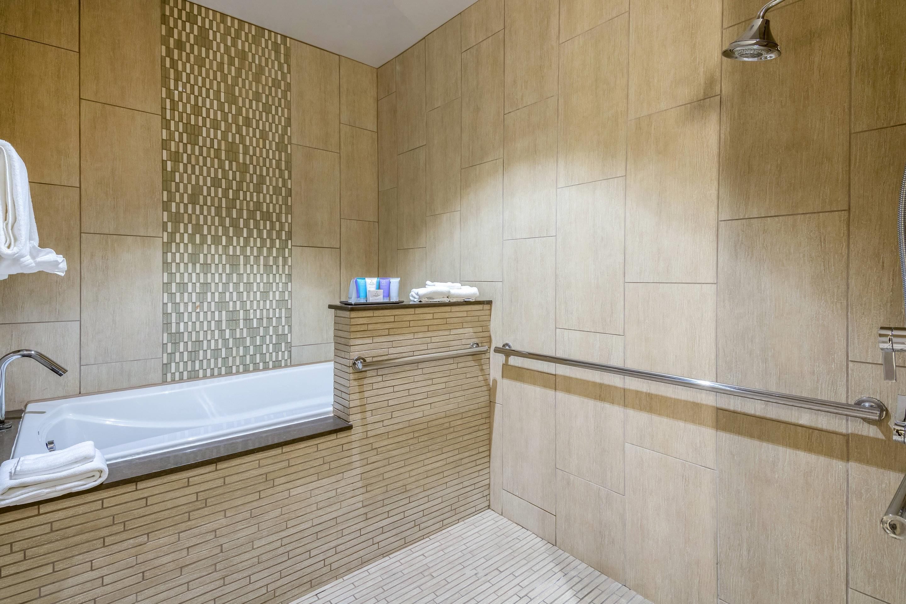 A modern bathroom with a bathtub, a shower, and a handrail.