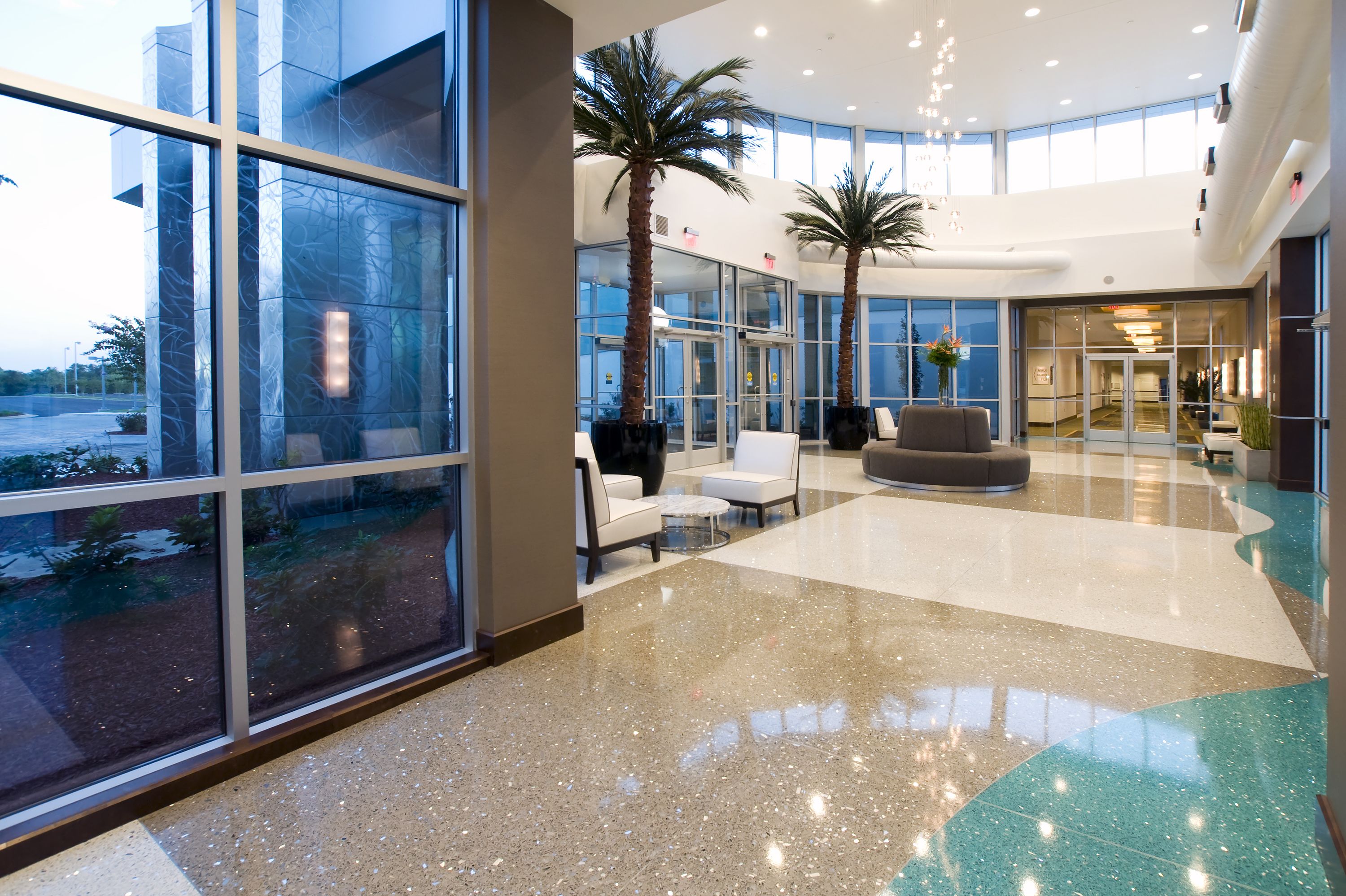 A spacious lobby with large windows, a palm tree, and a seating area.
