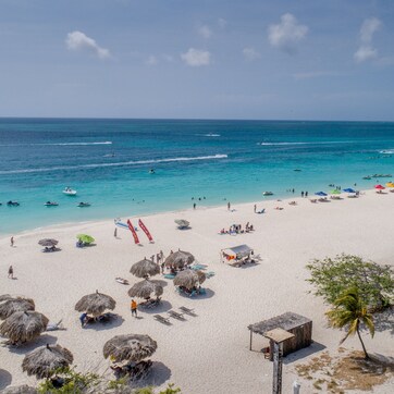 A beach with thatched umbrellas, palm trees, and a clear blue sea.