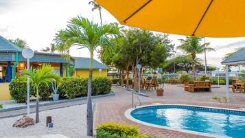 Outdoor pool, pool umbrellas, pool loungers