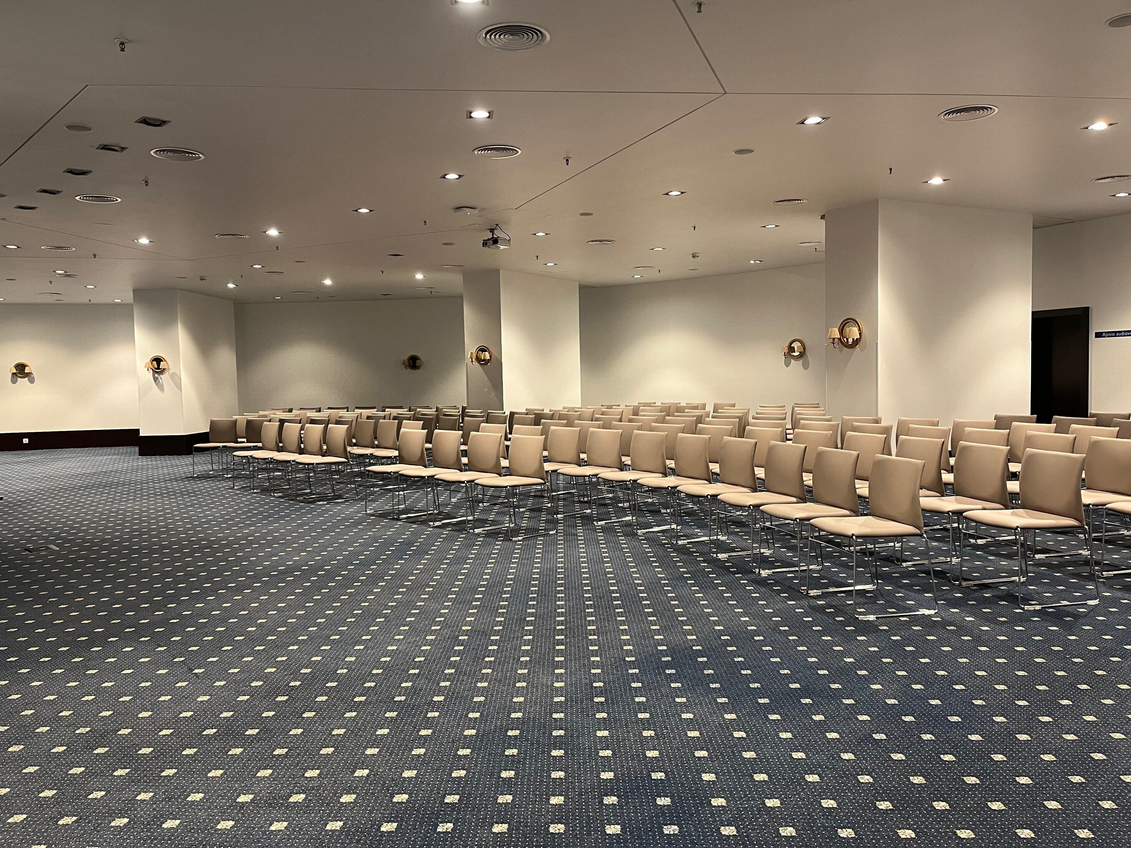 A conference room with rows of beige chairs, a patterned carpet, and recessed ceiling lights.