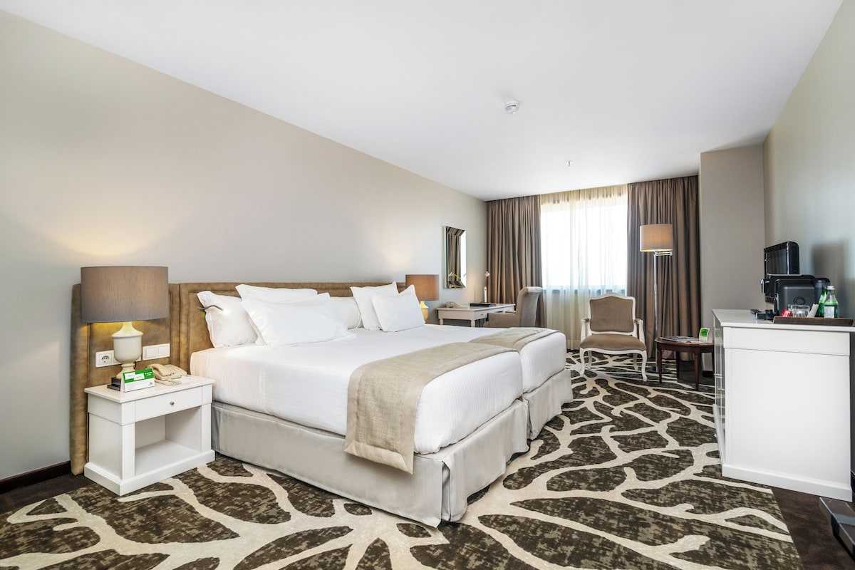 Hotelkamer met een groot bed, een bureau, een stoel, een minibars en uitzicht op de omgeving.