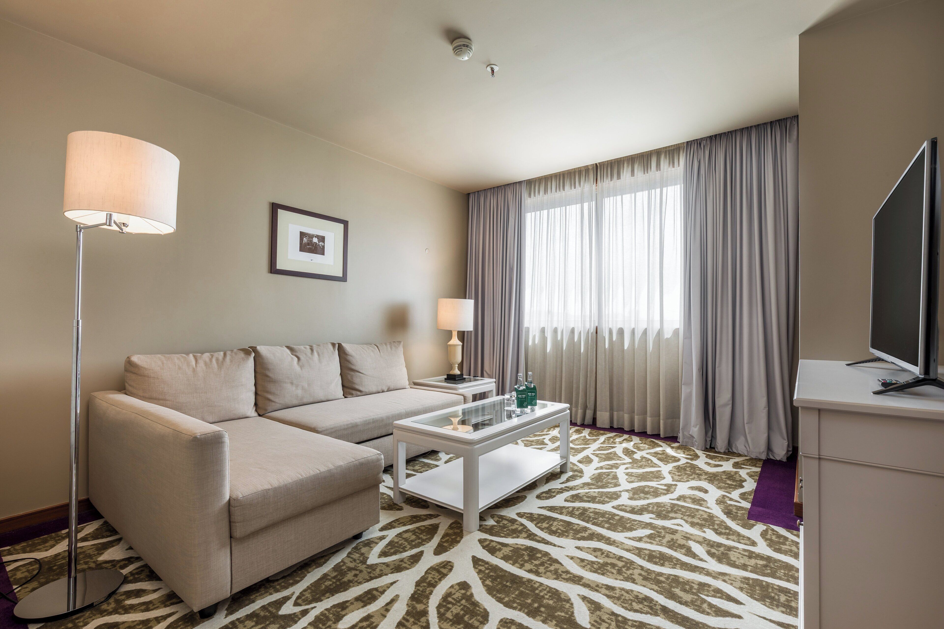 Une chambre d’hôtel moderne, dotée d’un canapé, d’une table basse, d’un téléviseur à écran plat et d’un tapis à motifs.