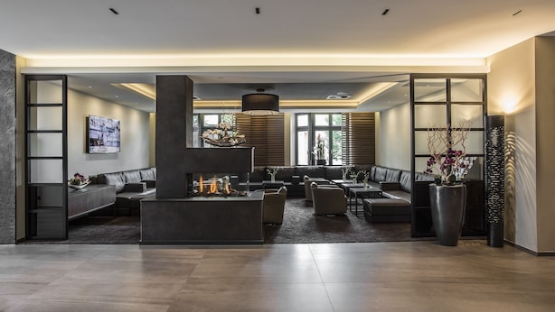 Un salon moderne avec une cheminée, des canapés en cuir et une grande plante en pot.