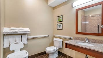 A compact bathroom with a toilet, a sink, a mirror, and a handrail.