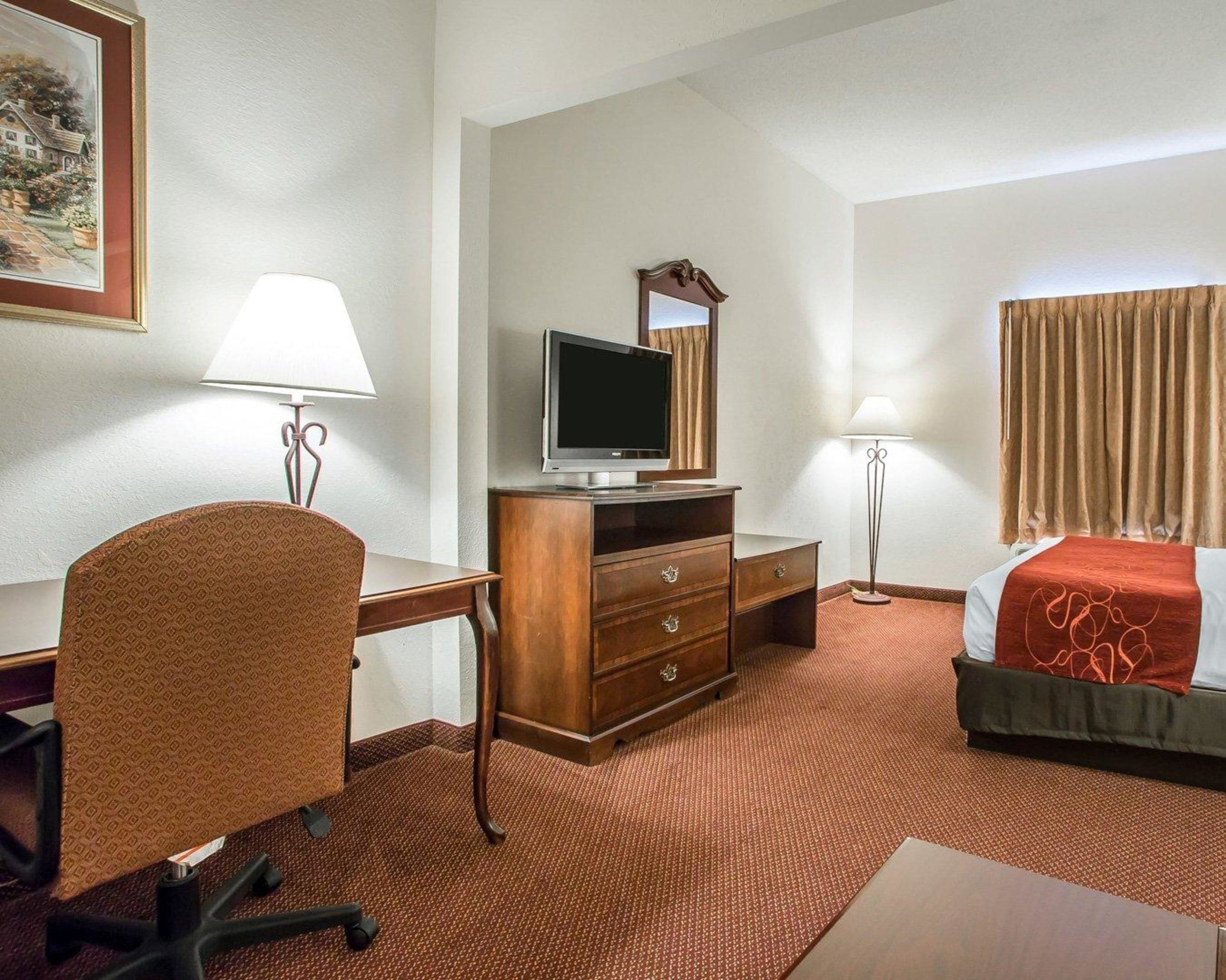 A hotel room with a bed, a desk with a chair, a television, a dresser, and a lamp.