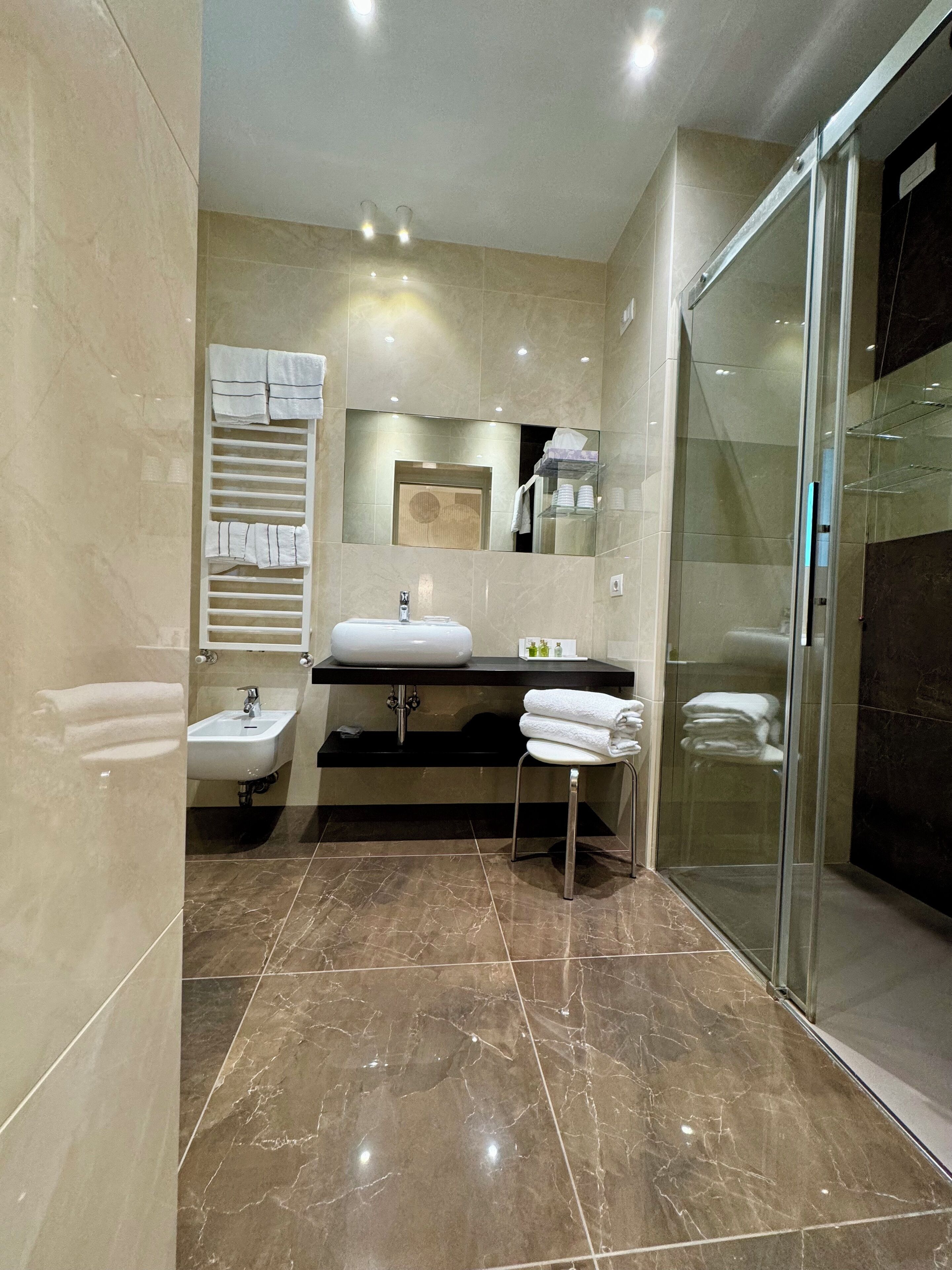 classic double room | bathroom | shower, rainfall showerhead, hair dryer, bathrobes