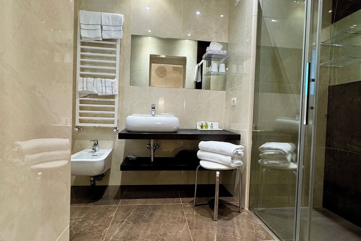 classic double room | bathroom | shower, rainfall showerhead, hair dryer, bathrobes
