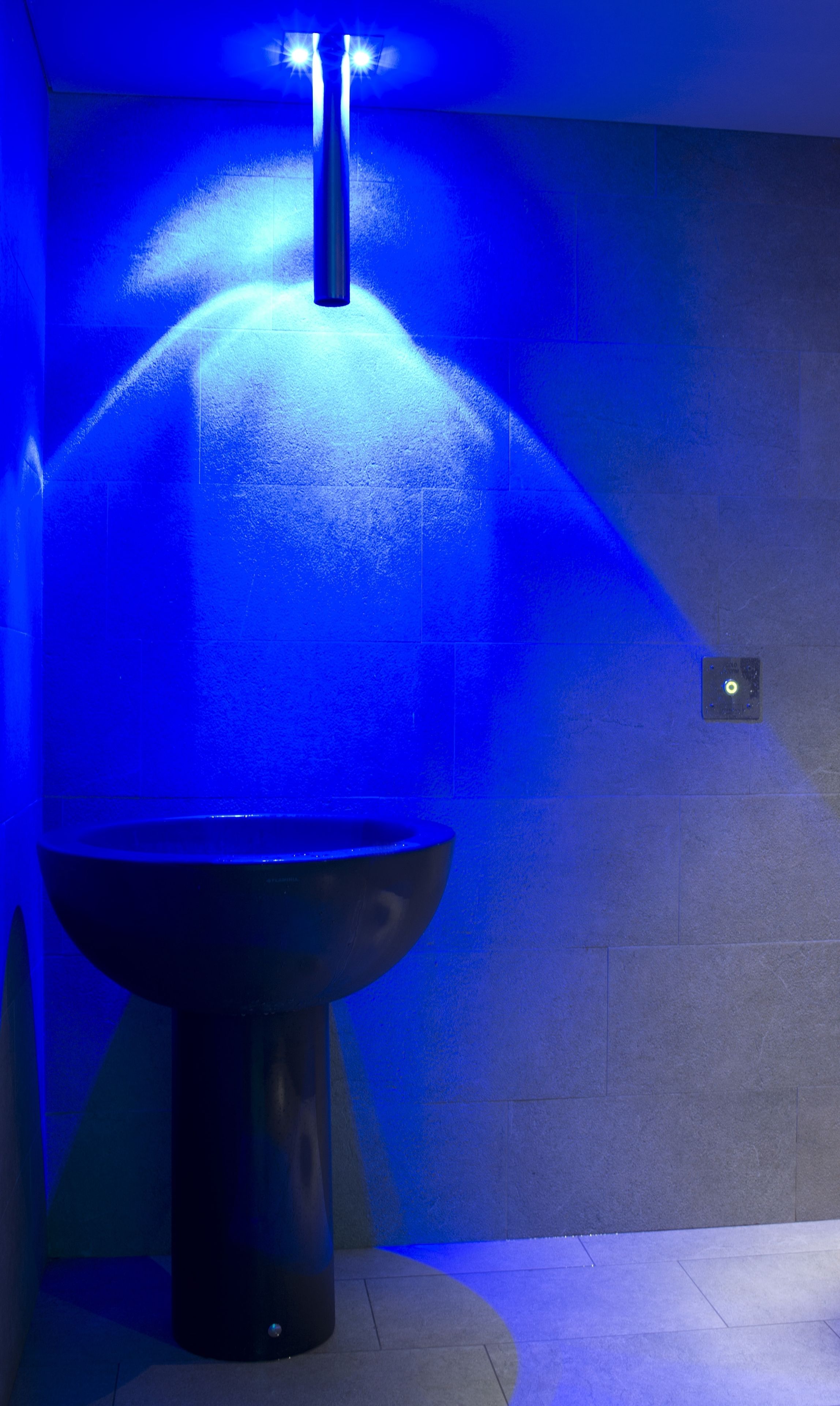 Un baño moderno con un lavamanos grande de color oscuro e iluminación azul.