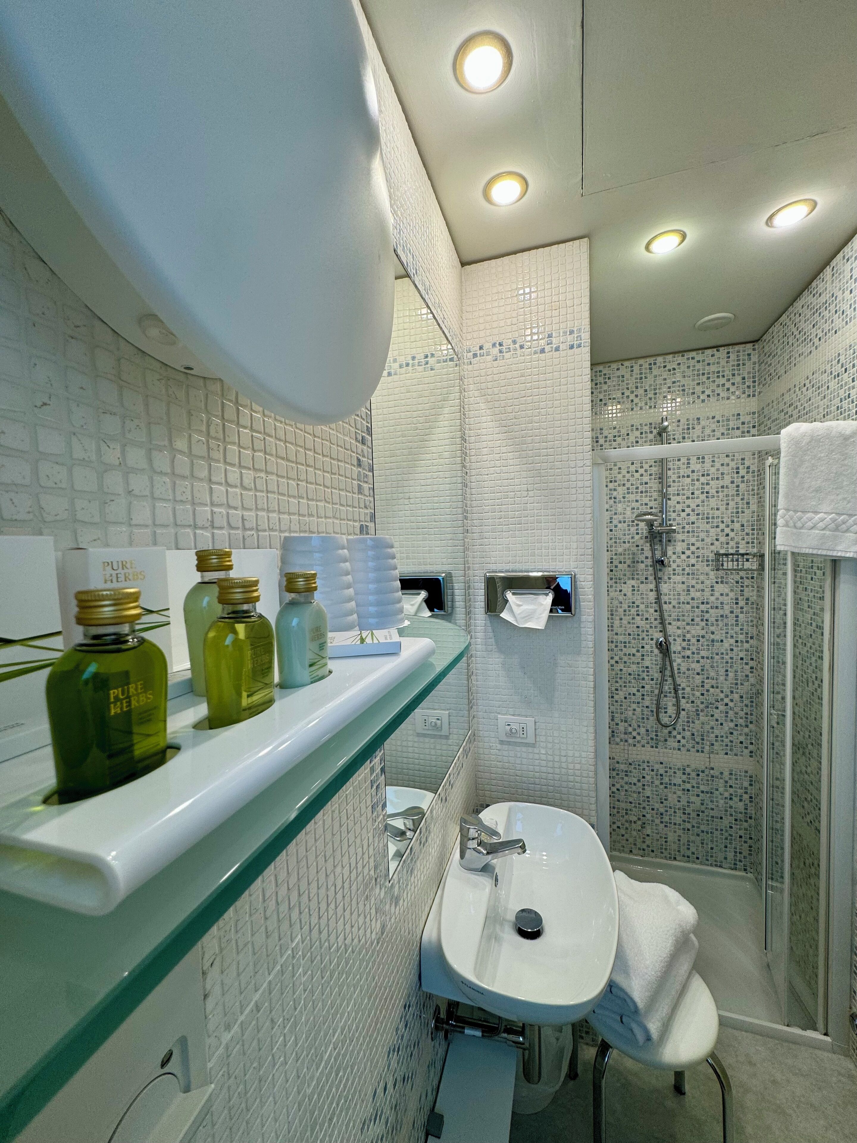 economy double room | bathroom | shower, rainfall showerhead, hair dryer, bathrobes