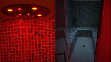 Ein Badezimmer mit gefliesten Wänden, einer roten Dusche und einem gefliesten Boden.