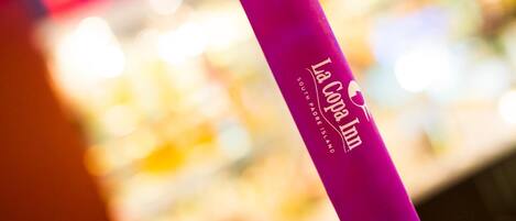 A pink object with the text "La Copa Inn" and "South Padre Island" on it.