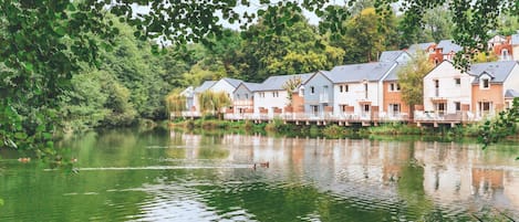 A row of houses by a calm lake, surrounded by lush greenery.