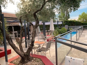 Outdoor pool, open 9:00 AM to 7:30 PM, sun loungers