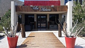 The entrance of a building with a wooden deck leading to the doors, flanked by potted plants. - Logis Hôtel les Aubuns Country Hôtel (Saint-Gilles)