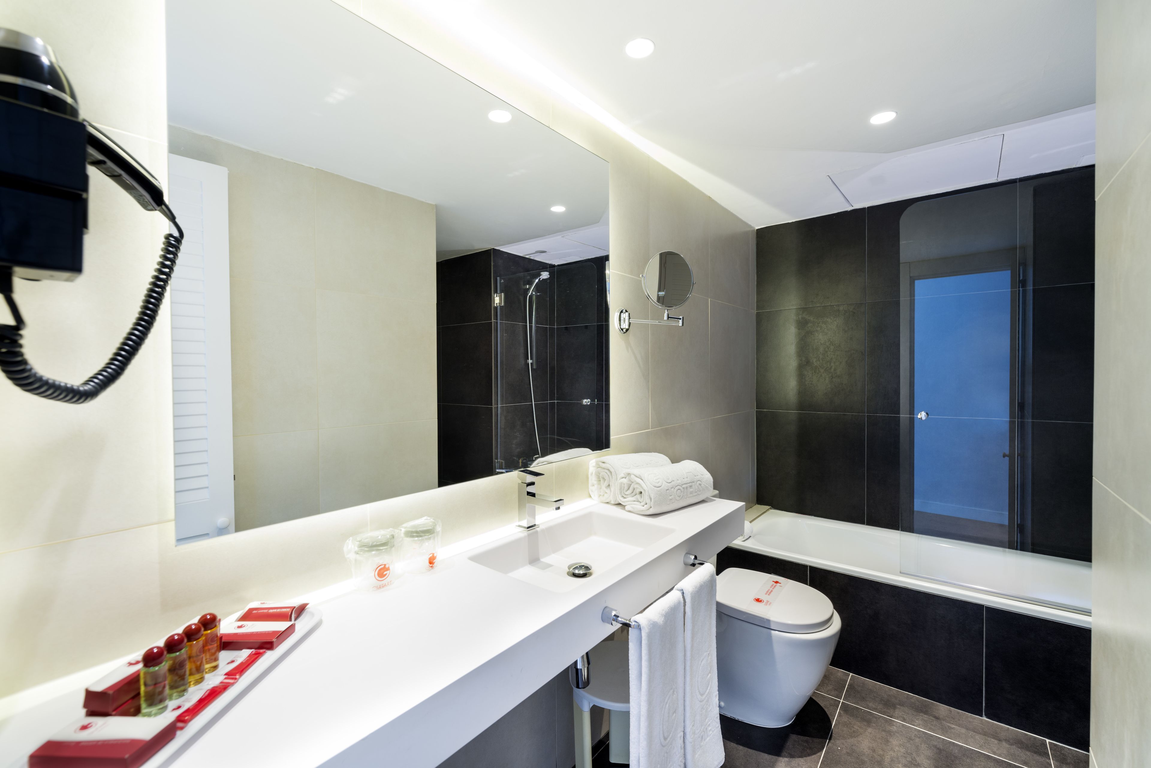 combined shower/bathtub, hair dryer, bidet, towels