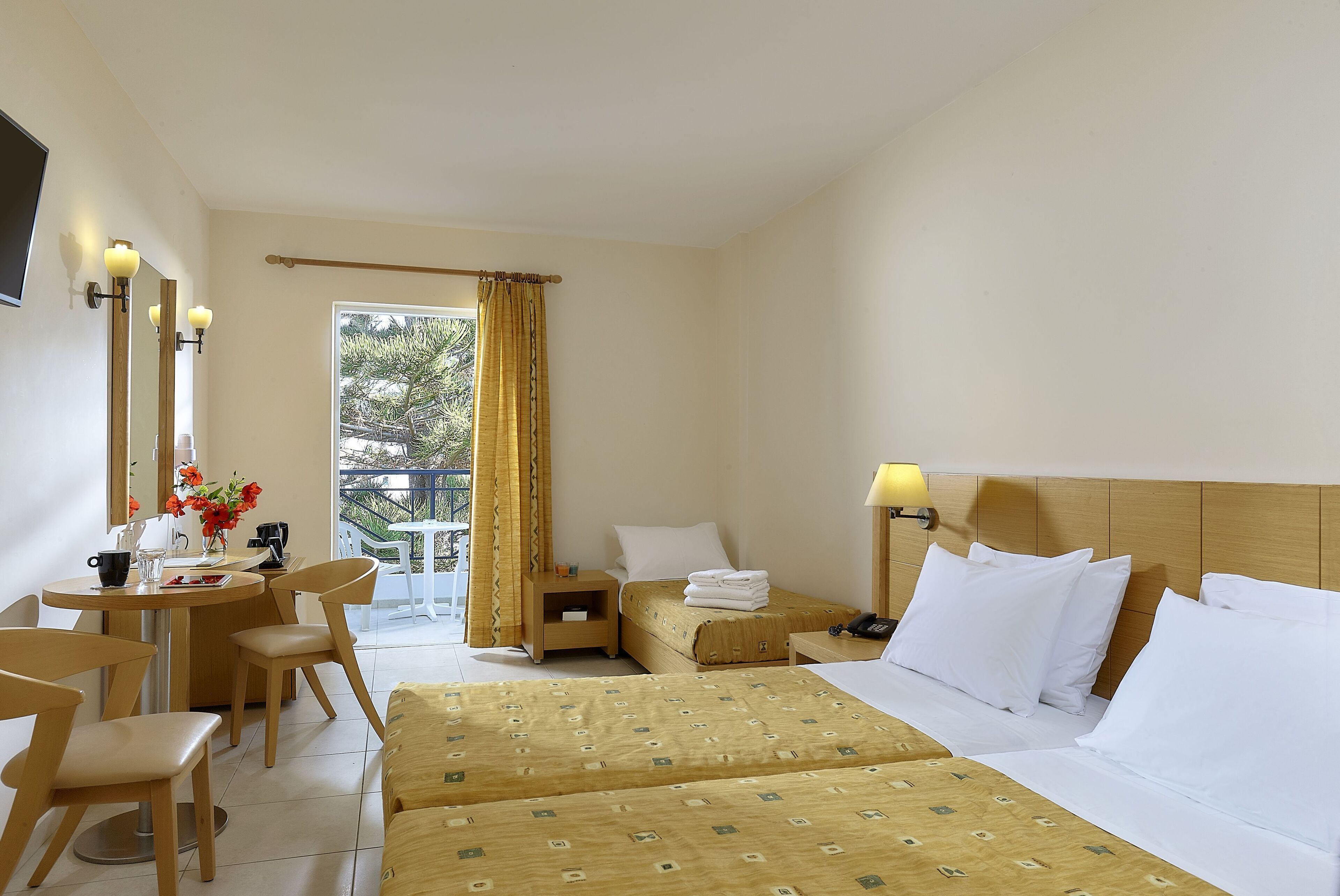 Premium bedding, memory foam beds, desk, laptop workspace