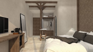 A modern bedroom with a bed, bedside table, and a large mirror. There is a wardrobe with a mirror and a hanging rack with clothes. - Stella Blue Seaside Resort (Hersonissos)