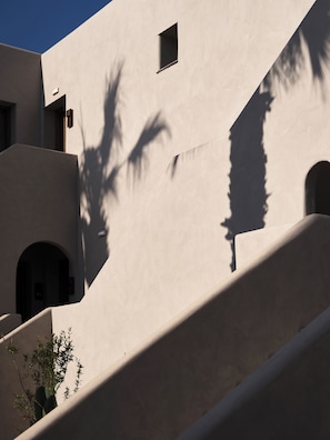 Un edificio con fachada plana, una ventana pequeña y la sombra de una palmera.