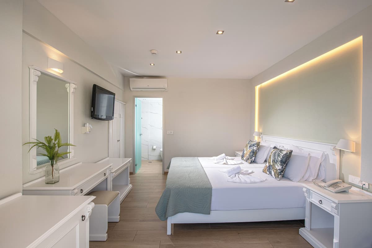 A modern bedroom with a large bed, bedside tables, a TV, and a mirror.
