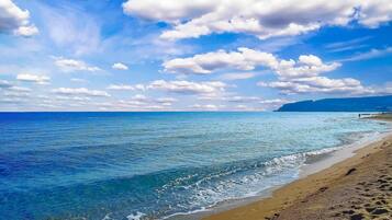On the beach, sun-loungers, beach umbrellas, beach towels
