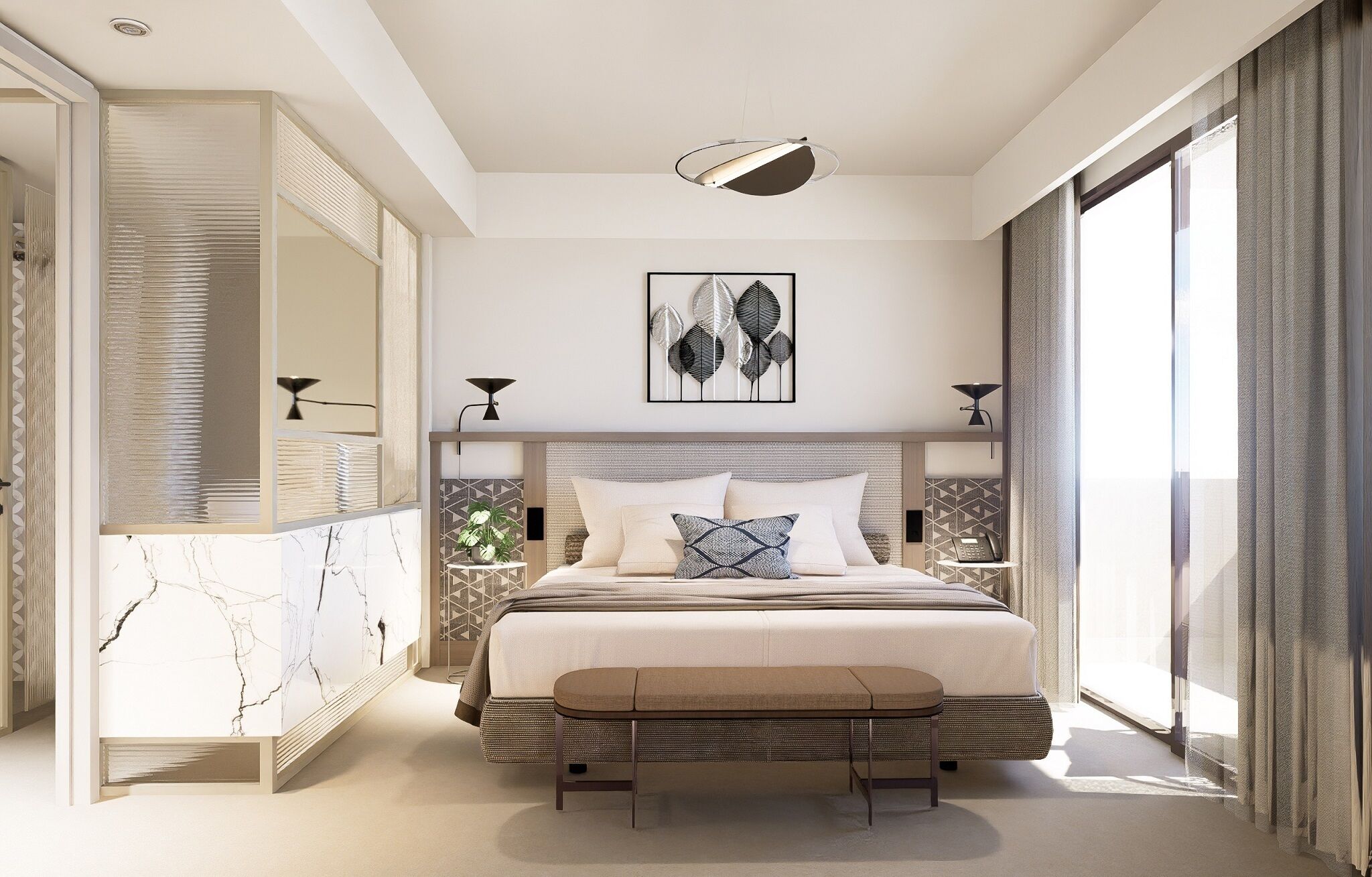 A modern bedroom with a large bed, bedside lamps, a headboard with geometric patterns, a wall-mounted artwork, and a large window with curtains.