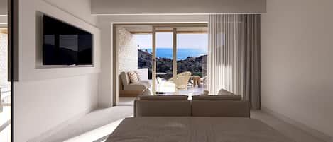 Blue Junior Suite Sea View Private Pool | 1 camera, una cassaforte in camera, una scrivania, tende oscuranti