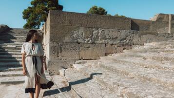 A woman standing on stone steps with a view of ancient ruins and trees in the background.